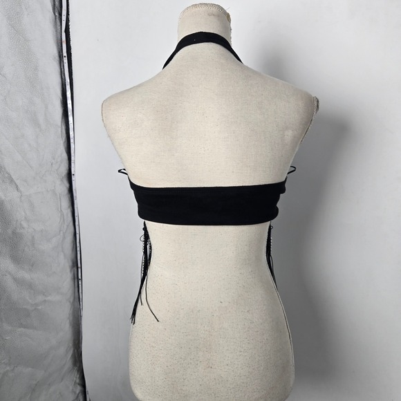 Windsor Black Halter Neck Western Cowgirl Fringe Ring Detail Crop Top‎ Size S - Picture 4 of 7